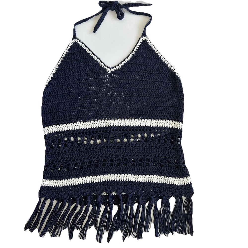 Lovemarks Boho Crochet Tasseled Halter Top Striped Navy Size Large Peace & Love